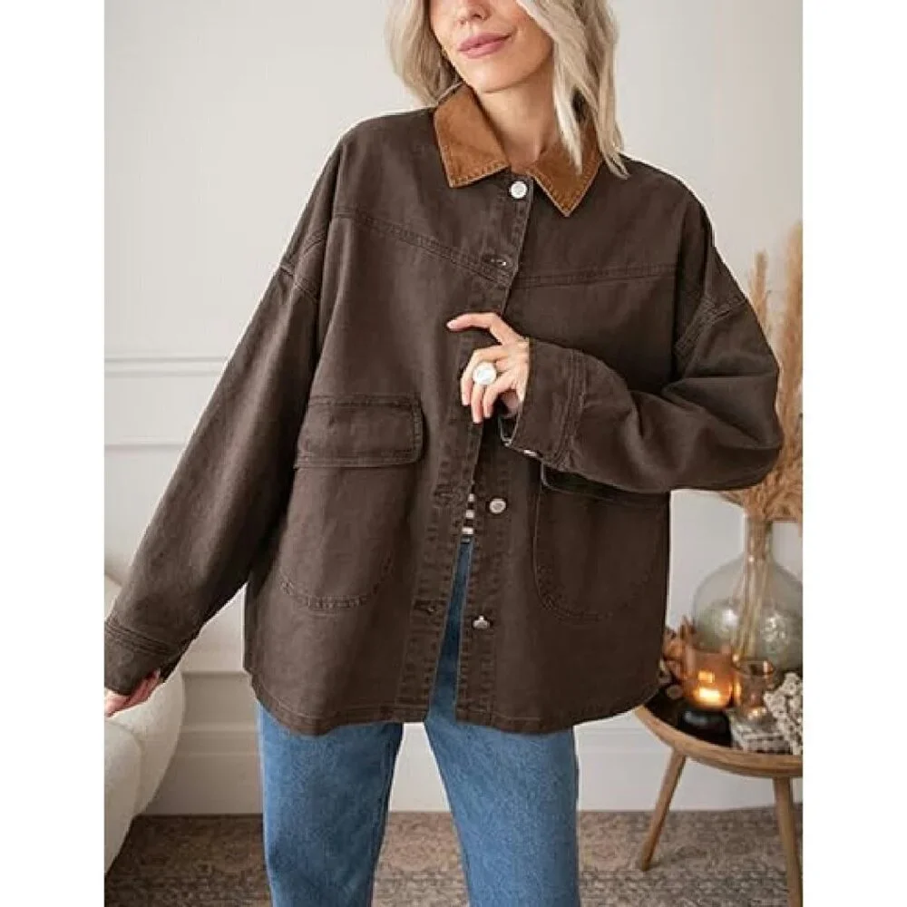 Oversized Denim Shacket Retro Collar Button Down Jacket Women's